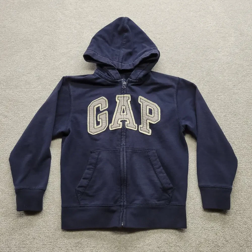 Gap Kids Hoodie Size M 8 Navy Blue Full Zip Spellout Logo Applique Sweatshirt